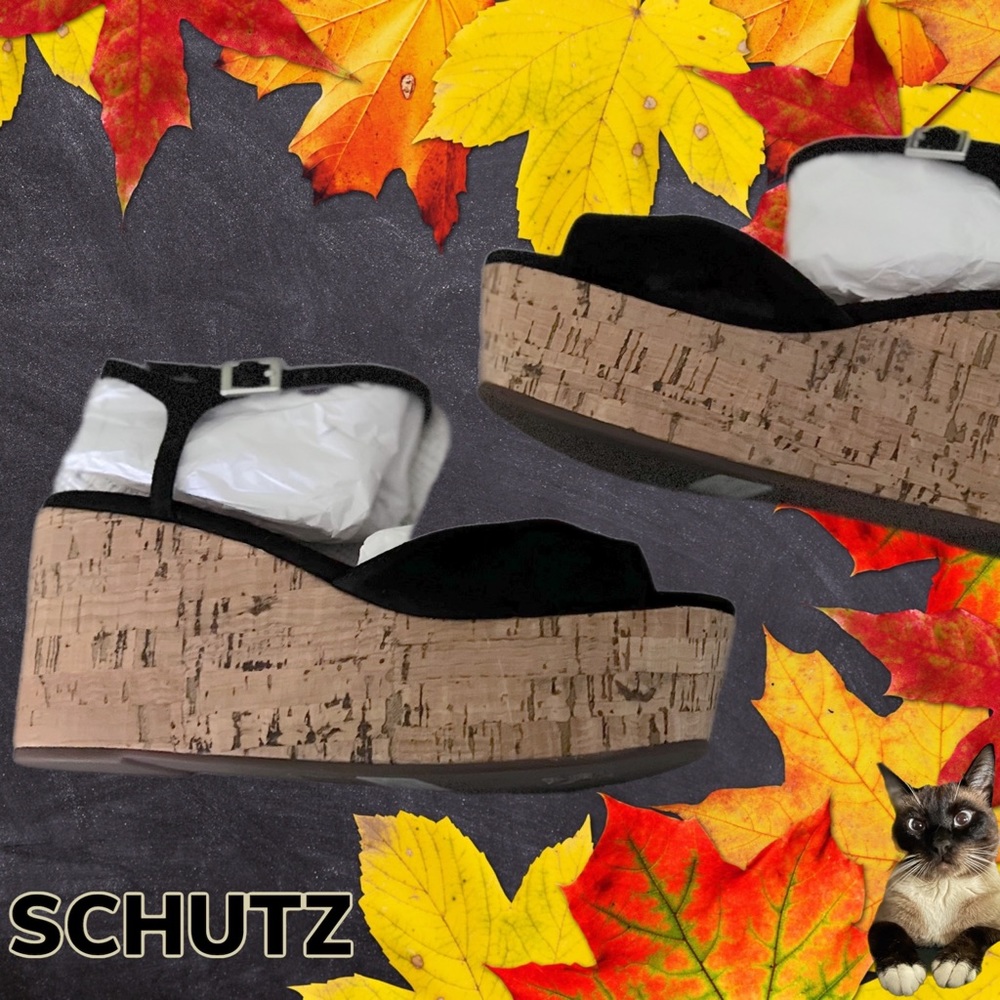 NWT $180 SCHUTZ | Heloise | Suede | Cork Platform Wedges in Black - Picture 11 of 12